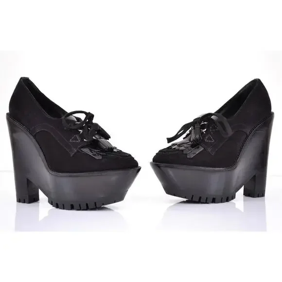 New Burberry Prorsum Runway Black Suede Tassels Wedge Bootie Shoes - Main Image